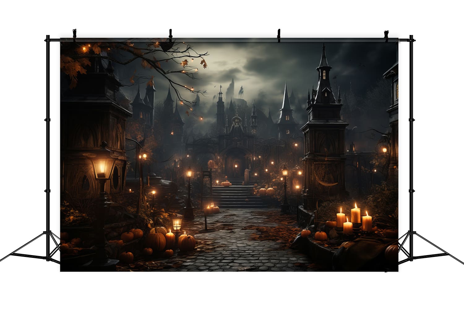 Halloween Gothic Schloss Kerzen Kürbisse Hintergrund RR7-91