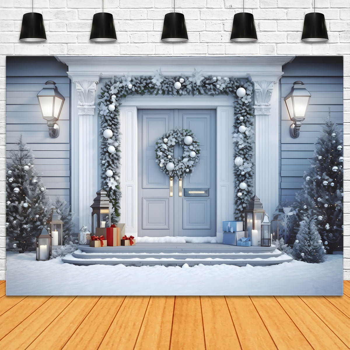 Weihnachten Winter weiße Tür mit Dekorationen Hintergrund RR8-198