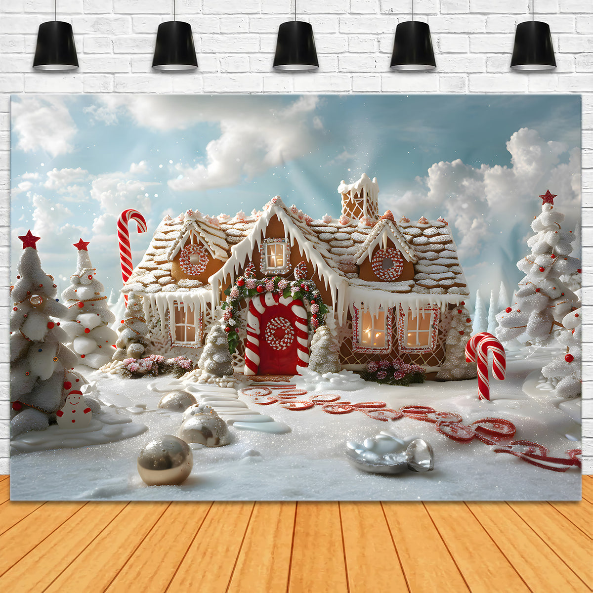 Weihnachten Sonnenschein Verschneites Lebkuchenhaus Backdrop RR8-216