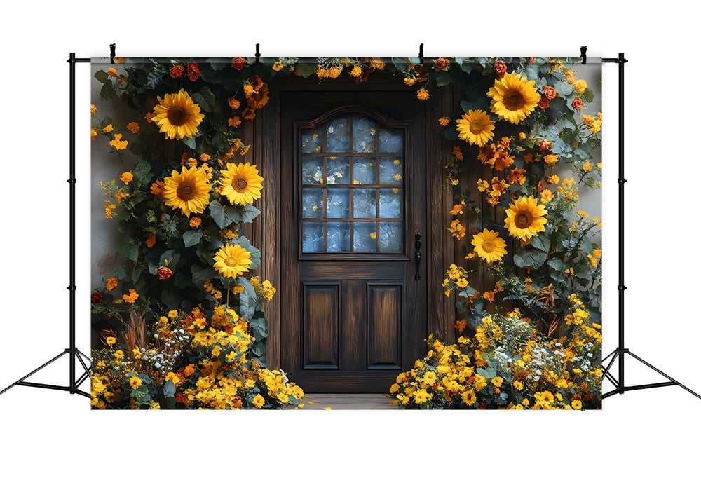Sonnenblumen Kranz geschmückte Tür Herbst Hintergrund RR8-315
