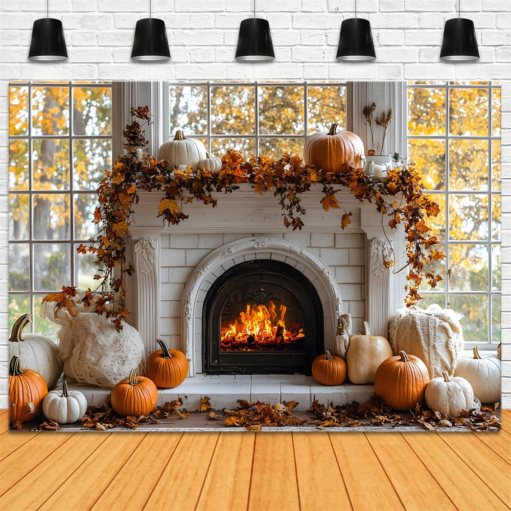 Herbstkürbisse brennende Kamin Hintergrund RR8-319