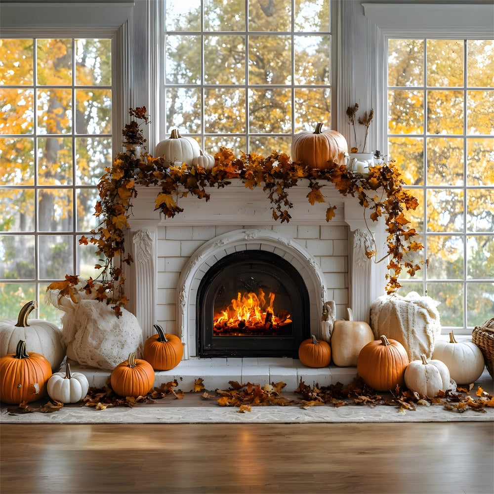Herbstkürbisse brennende Kamin Hintergrund RR8-319