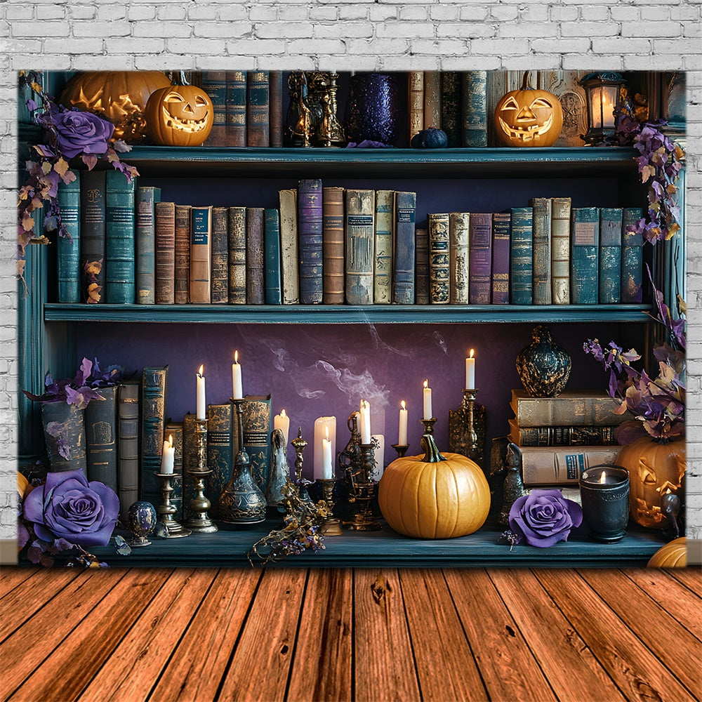Halloween Bücherregal Kürbiskerzen Hintergrund RR8-374