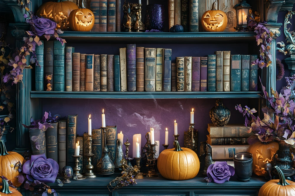 Halloween Bücherregal Kürbiskerzen Hintergrund RR8-374