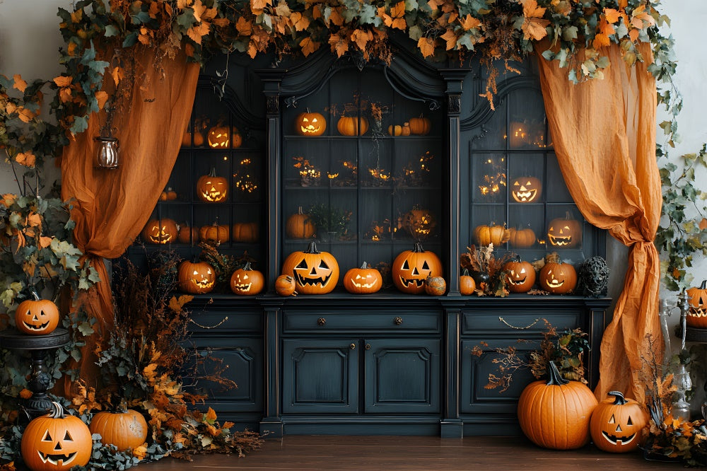 Halloween Innenraum Retro Kabinett Kürbisse Hintergrund RR8-378