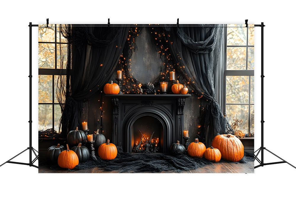 Halloween Schwarzer Kamin Kürbisse Hintergrund RR8-382