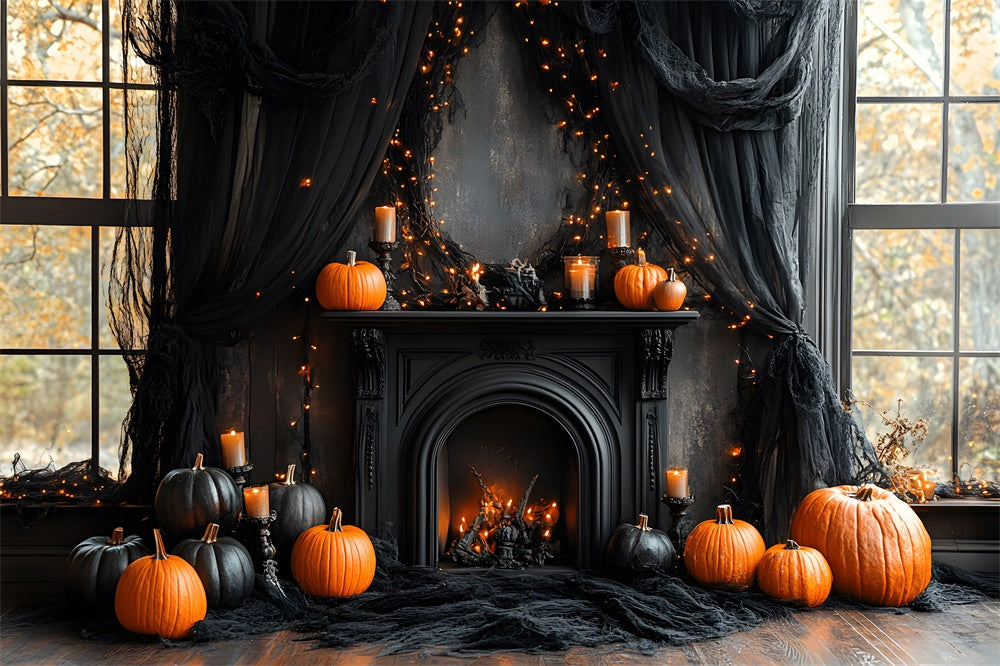 Halloween Schwarzer Kamin Kürbisse Hintergrund RR8-382