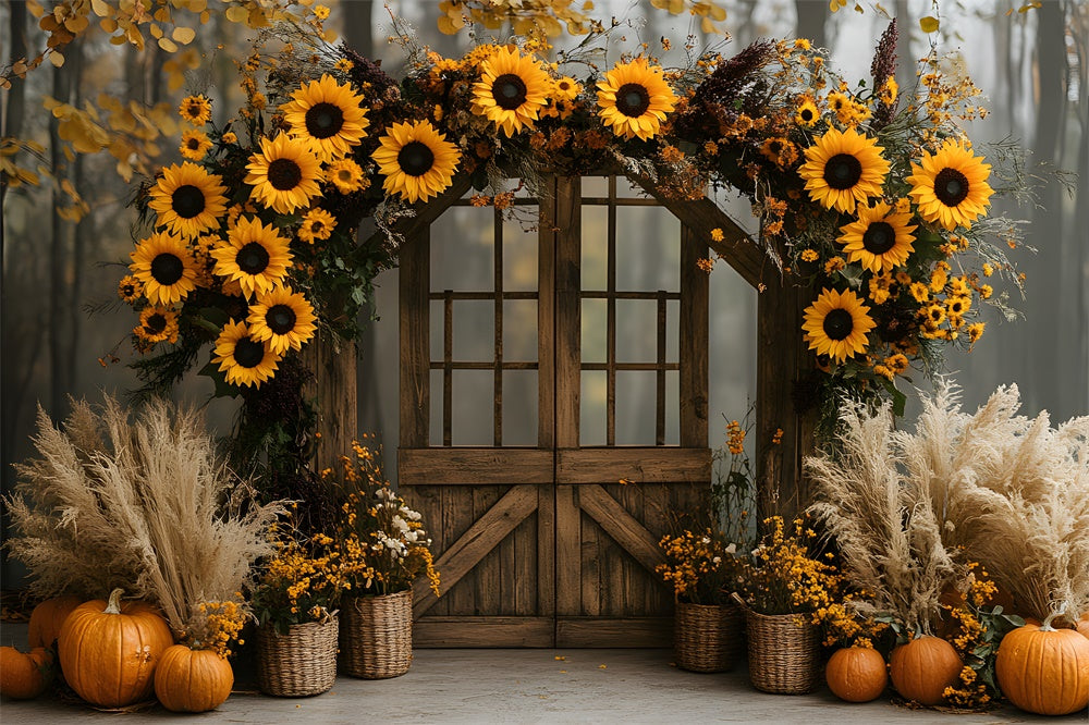 Sonnenblumen Girlande Holztür Herbstkulisse RR9-13