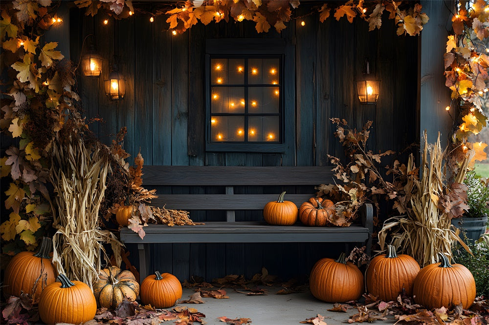 Herbst Holz Stuhl Lichterkette Blätter Hintergrund RR9-16