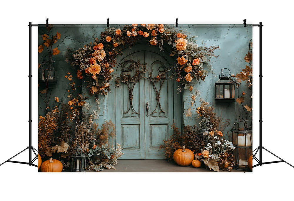Vintage Grün Wand Tür Herbst Blumen Hintergrund RR9-23