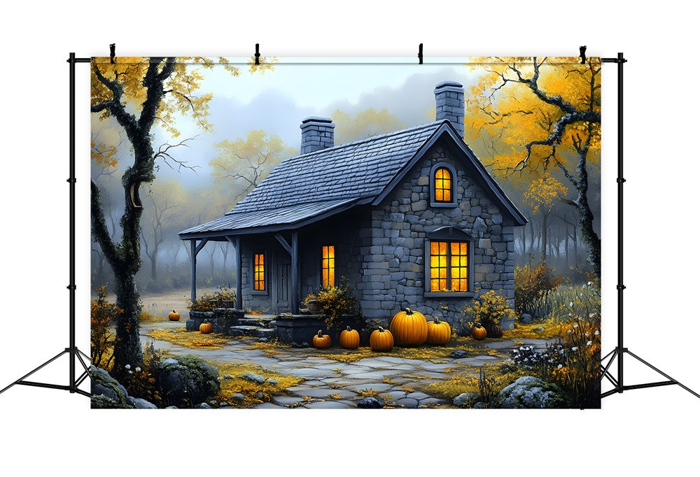 Herbst Nebliger Wald Steinhaus Hintergrund RR9-33