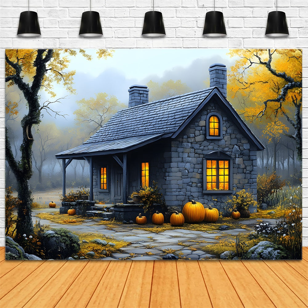 Herbst Nebliger Wald Steinhaus Hintergrund RR9-33