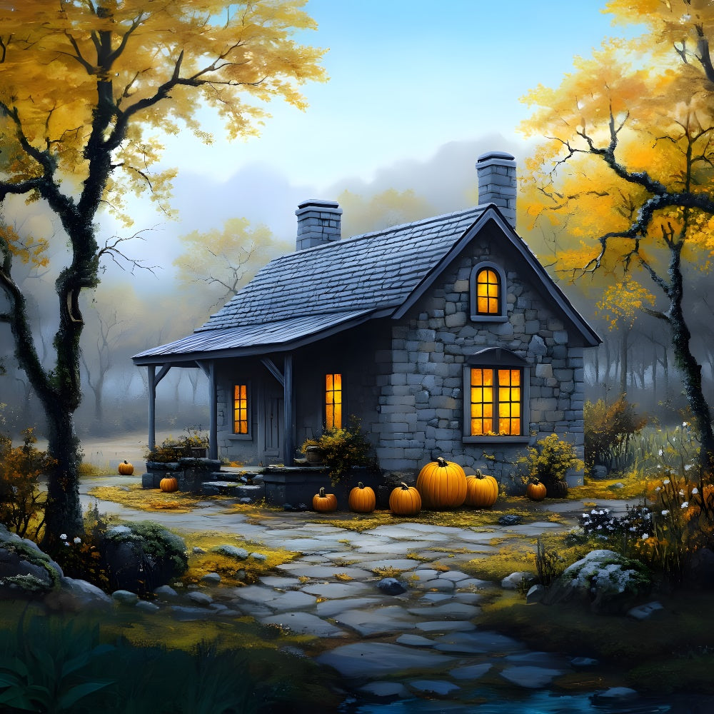 Herbst Nebliger Wald Steinhaus Hintergrund RR9-33