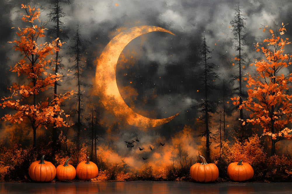 Herbst Mysteriöser Wald Nacht Mond Hintergrund RR9-6