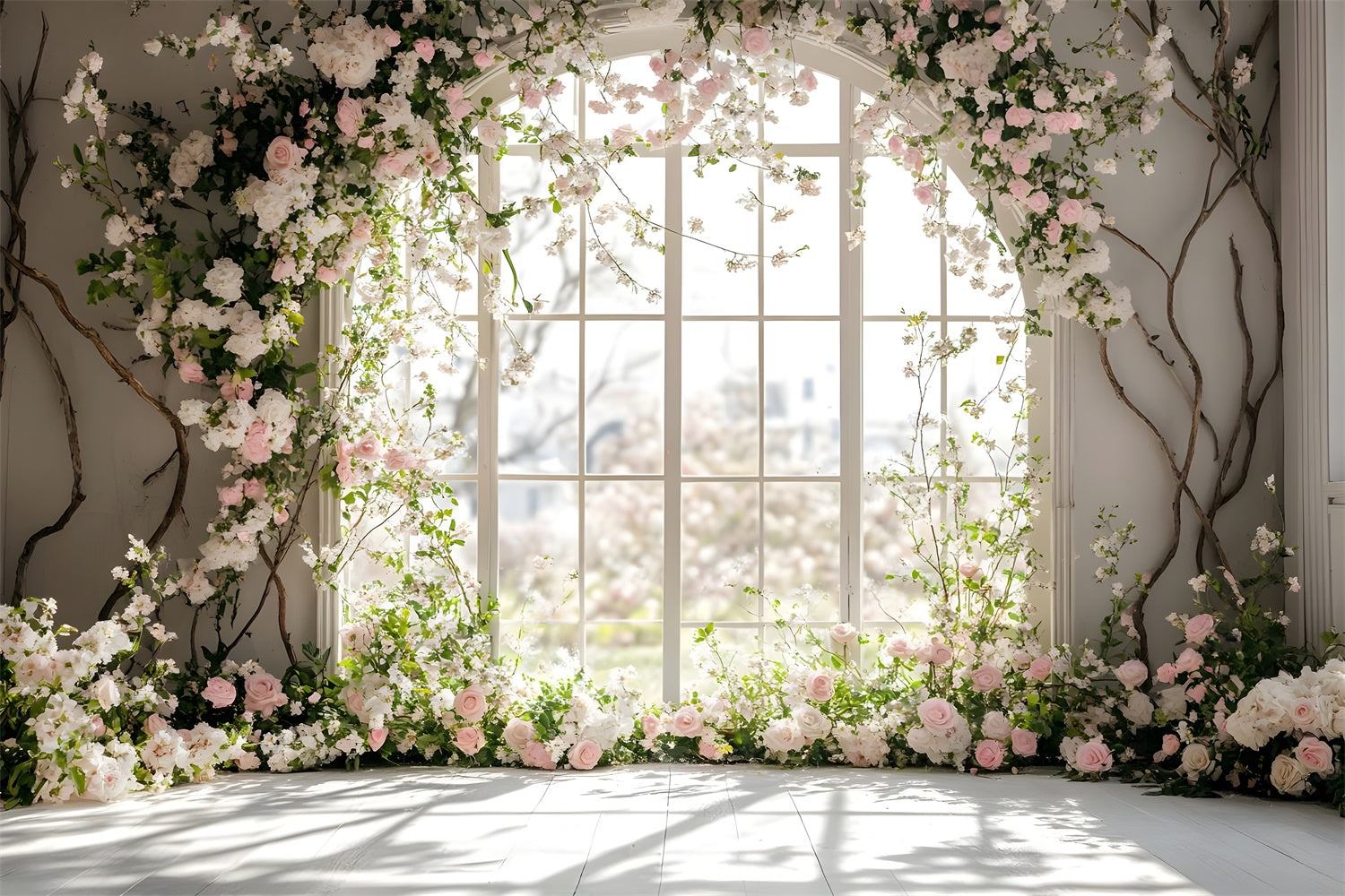 Frühlingsfoto-Hintergrund Romantische Fensterrose Torbogen-Hintergrund TWW2-15