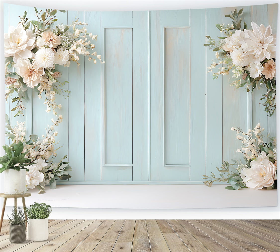 Frühling Fotokulissen Floraler Bogen Blaue Wand Hintergrund TWW2-26