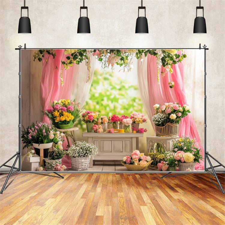 Backdrops für den Frühling Charming Floral Pink Drapes Backdrop TWW2-35