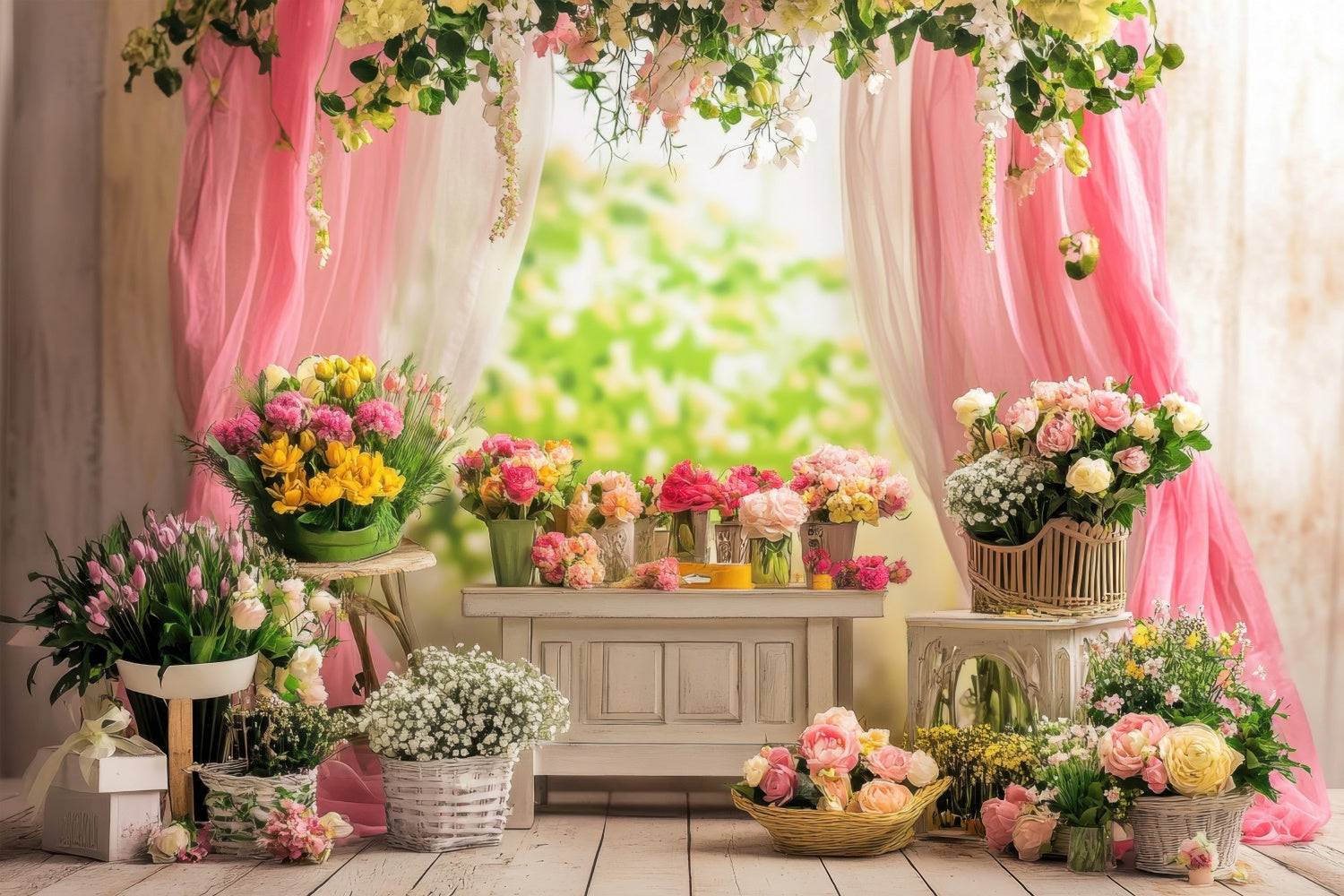 Backdrops für den Frühling Charming Floral Pink Drapes Backdrop TWW2-35