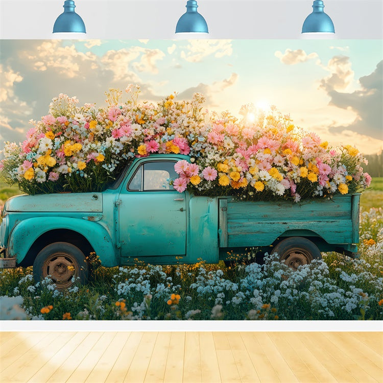 Frühling Backdrops Vintage Truck Lebendige Wildblumen Backdrop TWW2-40