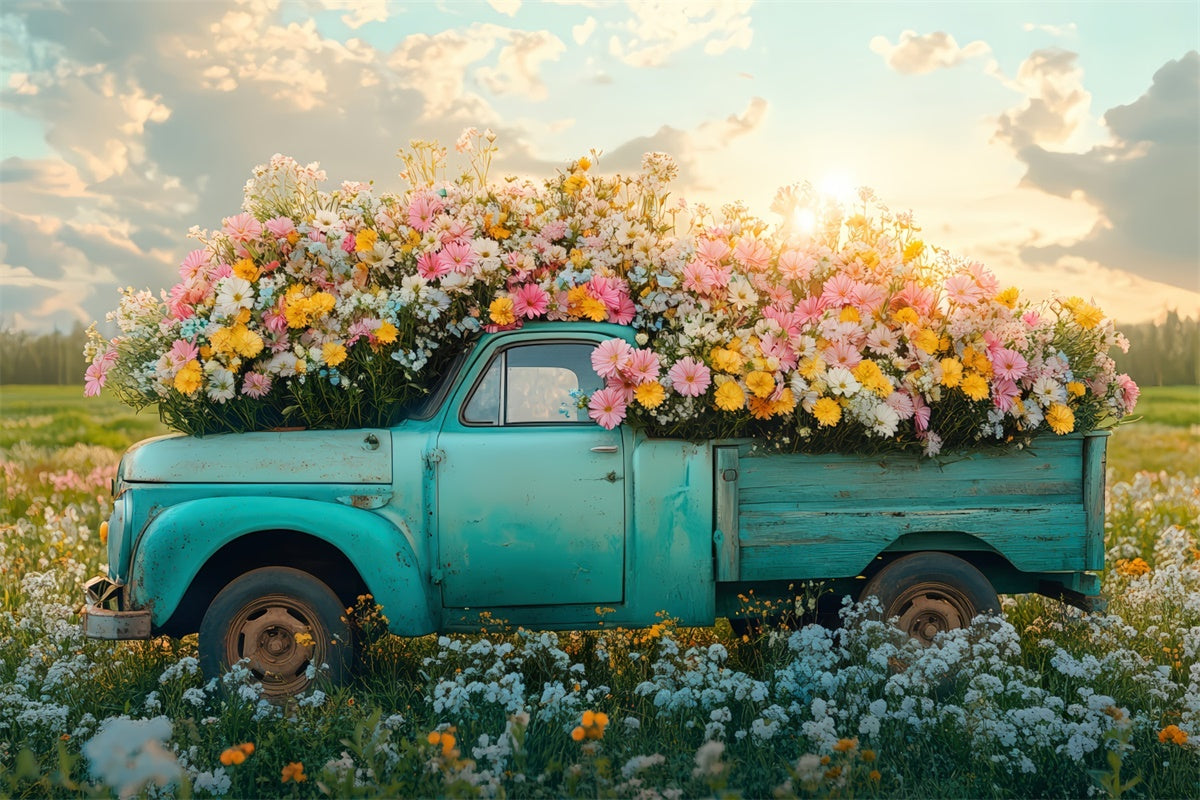 Frühling Backdrops Vintage Truck Lebendige Wildblumen Backdrop TWW2-40