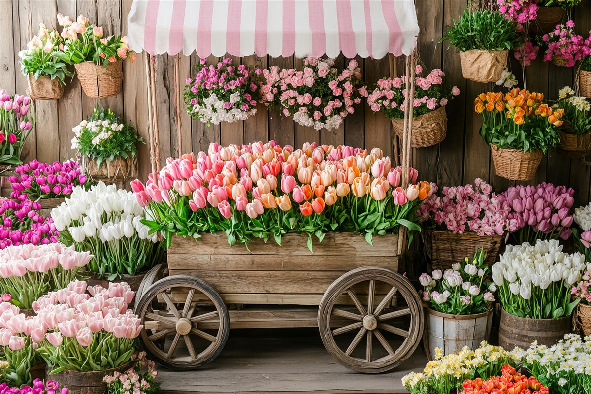 Frühlingsblumen-Hintergrundkulisse Rustikaler Holzkarren Tulpen-Hintergrundkulisse TWW2-5