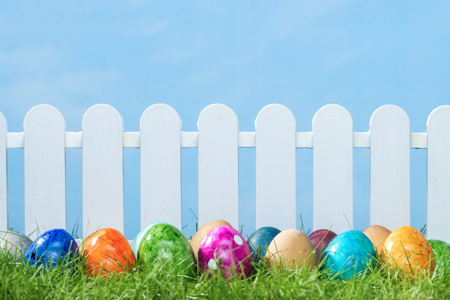 Ostern Fotohintergrund Weißer Zaun Bunte Eier Kulisse TWW3-28