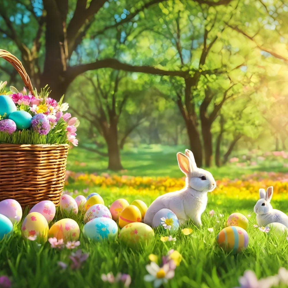 Ostern Fotohintergründe Sonnenbeschienener Wald Hasen Ei Hintergrund TWW3-36