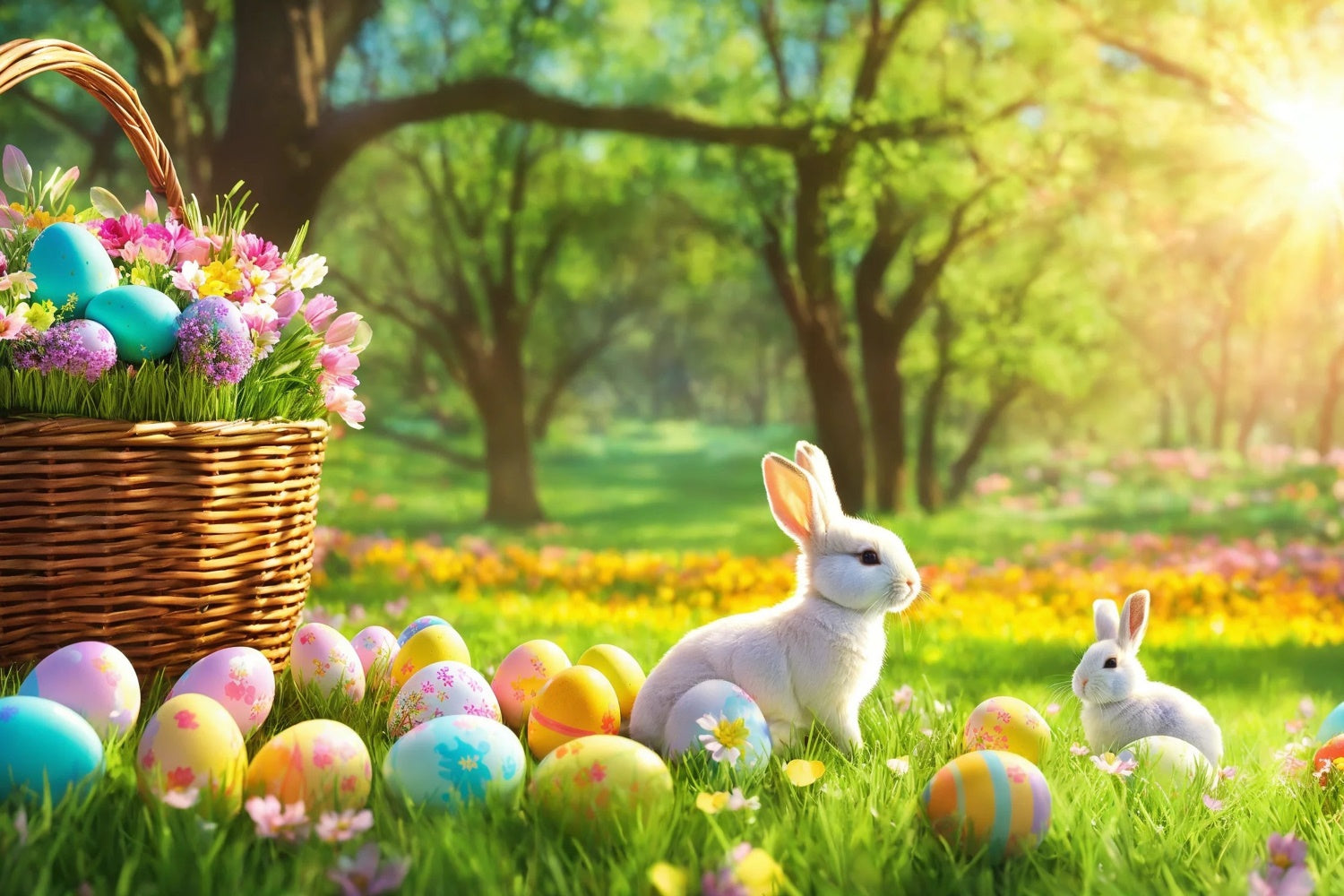 Ostern Fotohintergründe Sonnenbeschienener Wald Hasen Ei Hintergrund TWW3-36