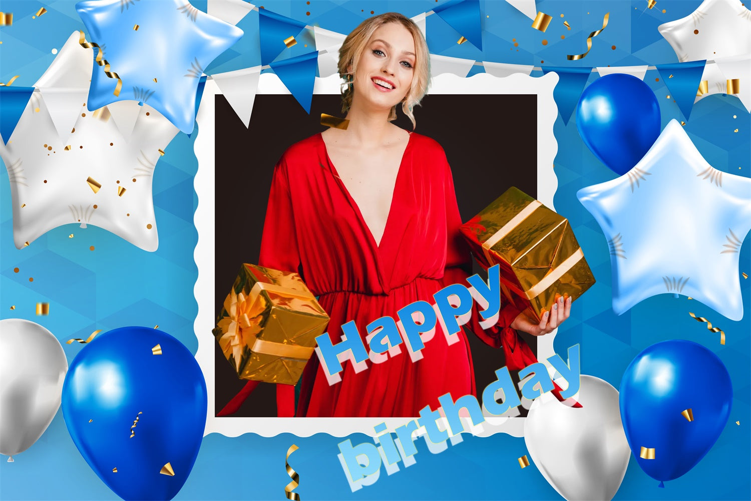 Custom Happy Birthday Backdrop Goldenes Geschenk Blauer Ballon Backdrop TWW3-66