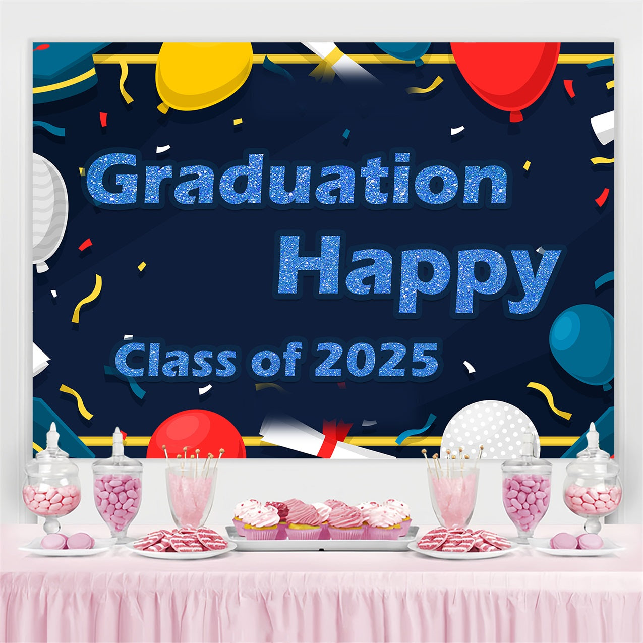 2025 Graduation Backdrop Bunte Luftballons Konfetti Party Graduation Backdrop TWW3-97