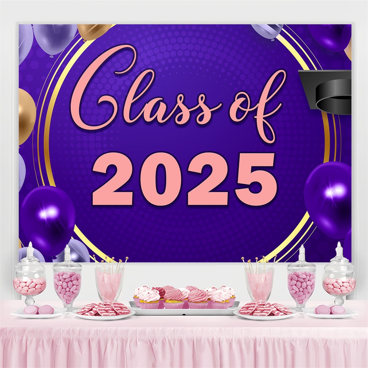 Graduation Backdrop Fotoshooting Lila Gold Ballon Party Graduation Backdrop TWW3-98