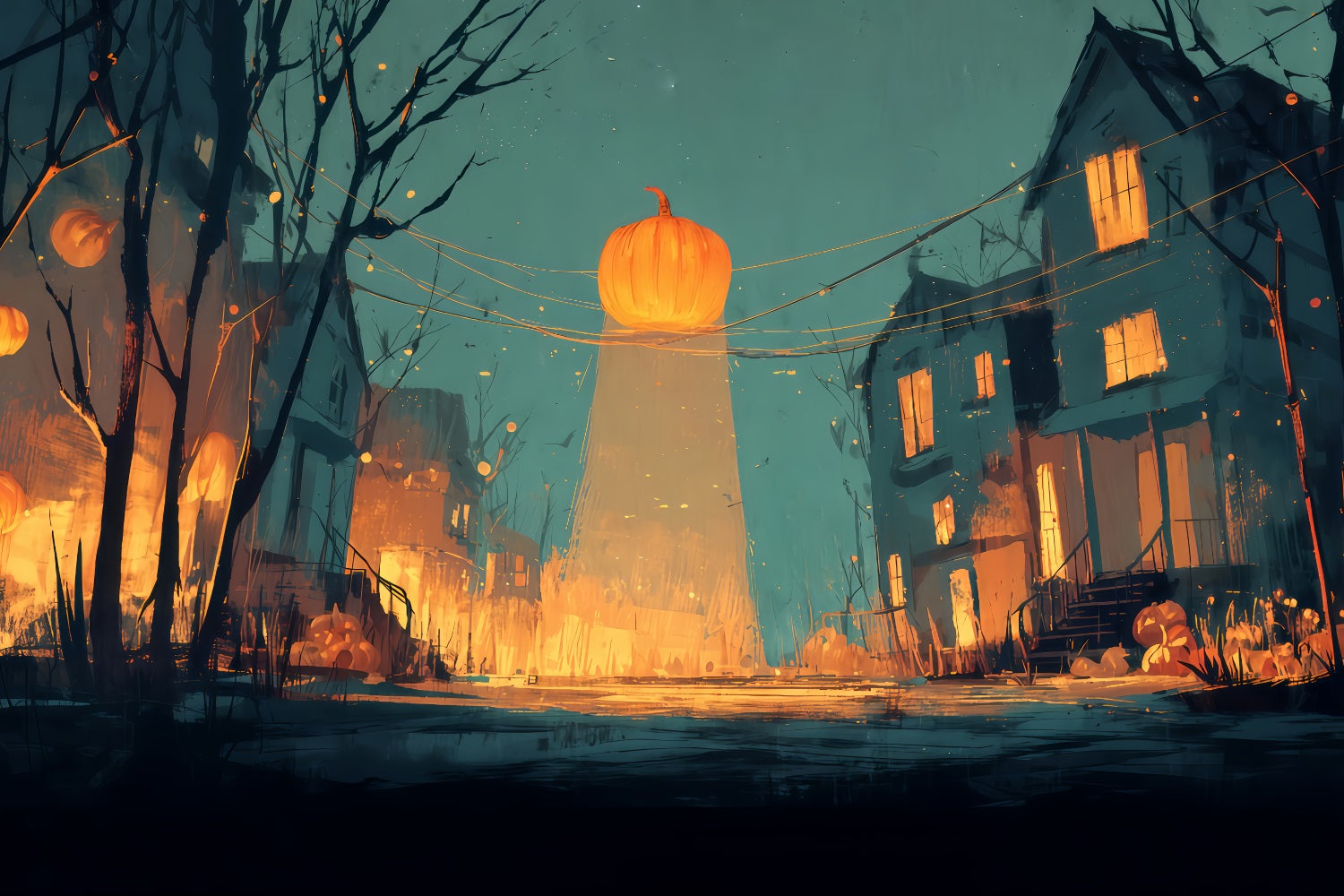 Gruselige Halloween-Hintergründe Leuchtende Kürbis-Straße Abenddämmerung Halloween-Hintergrund für Fotos TWW510-14