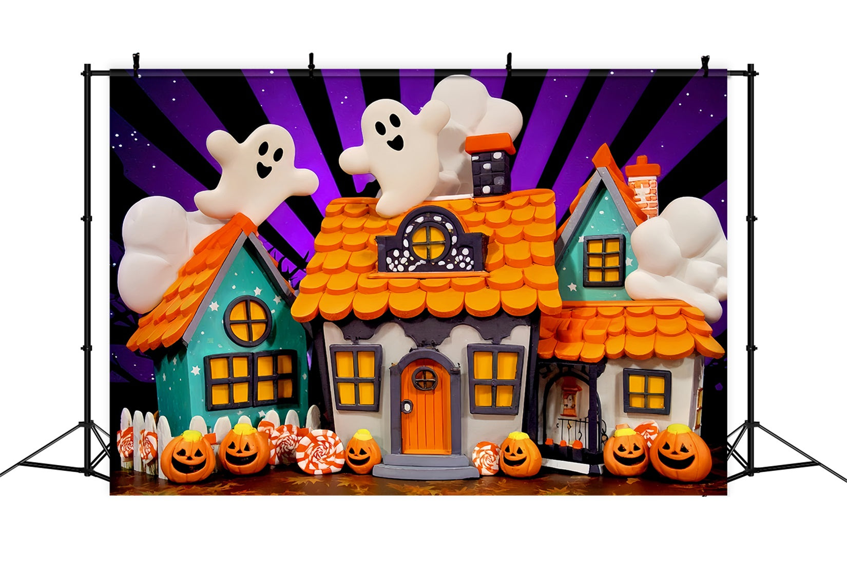 Spukhaus-Hintergrund Niedliche Geister Bonbonhäuser Halloween-Fotografie-Hintergrund TWW510-19