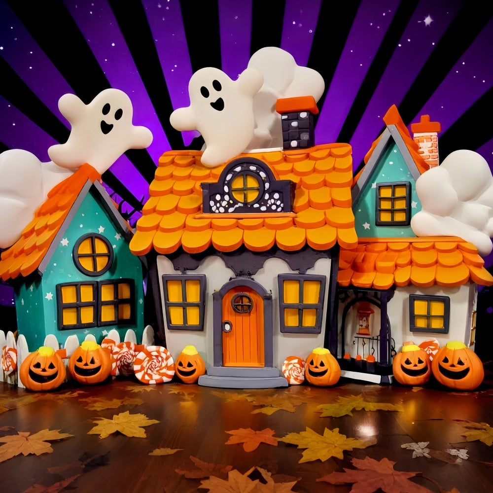 Spukhaus-Hintergrund Niedliche Geister Bonbonhäuser Halloween-Fotografie-Hintergrund TWW510-19
