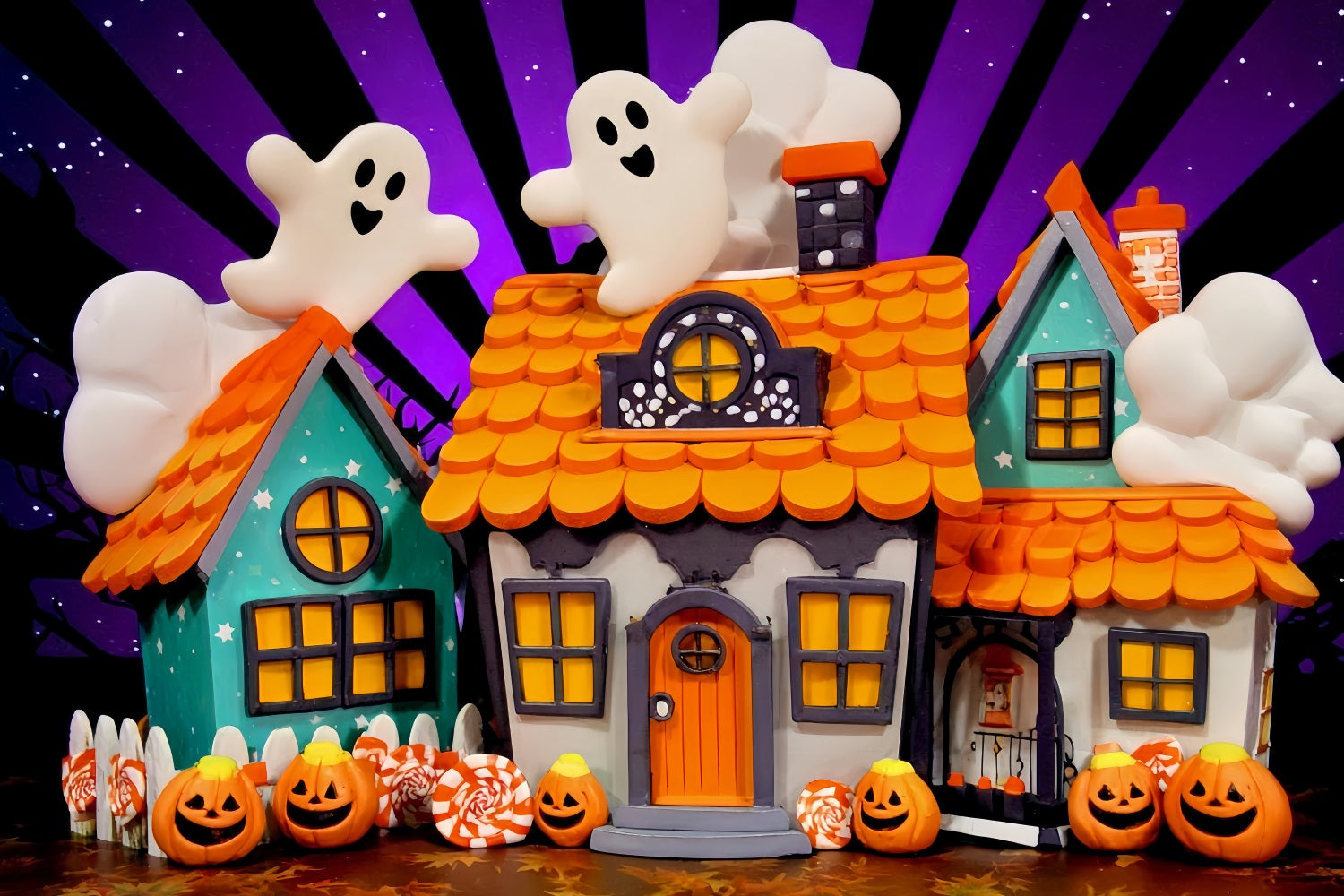 Spukhaus-Hintergrund Niedliche Geister Bonbonhäuser Halloween-Fotografie-Hintergrund TWW510-19