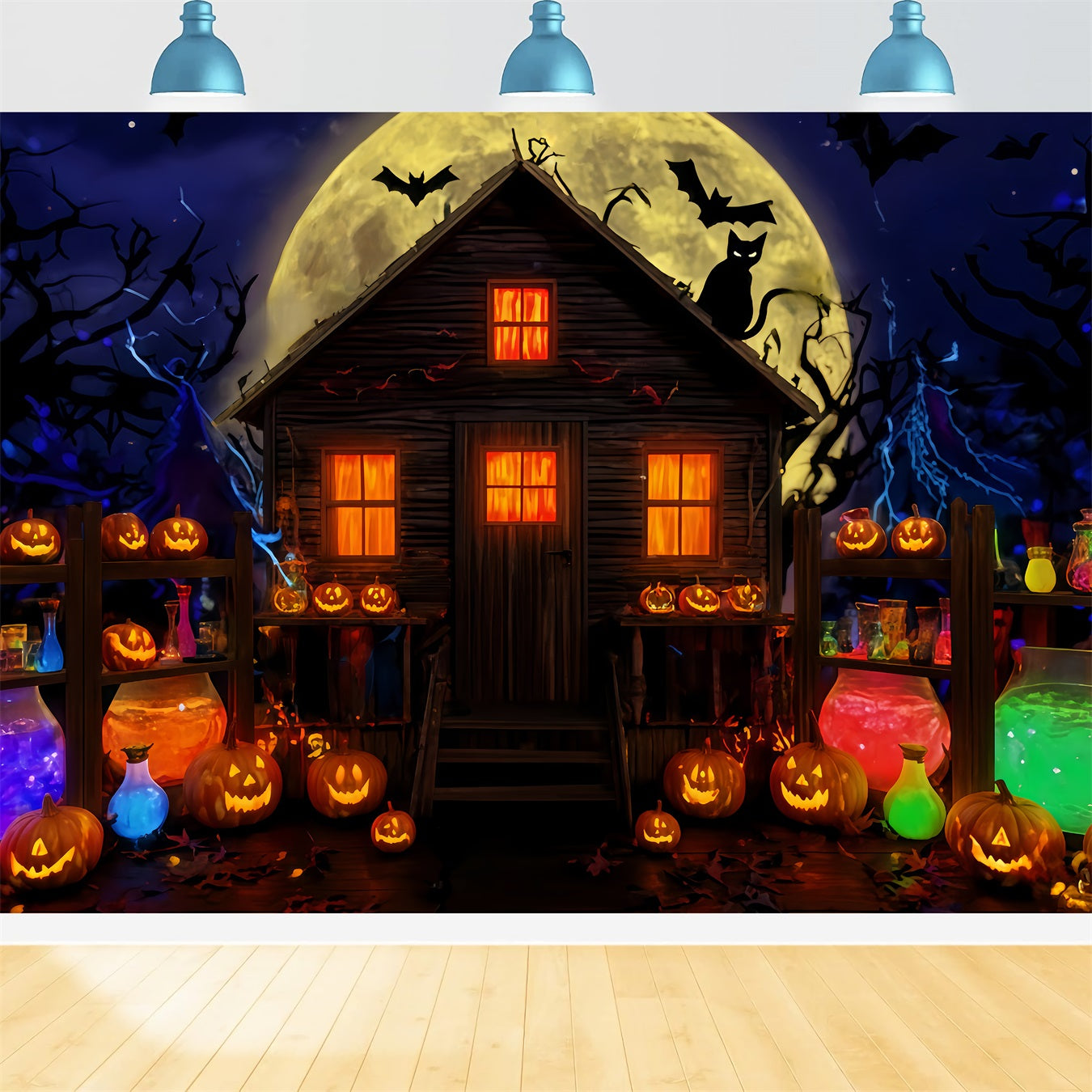Spukhaus-Kulisse Zaubertrank-Hütte Mondlicht-Glühen Halloween-Fotokulissen TWW510-37