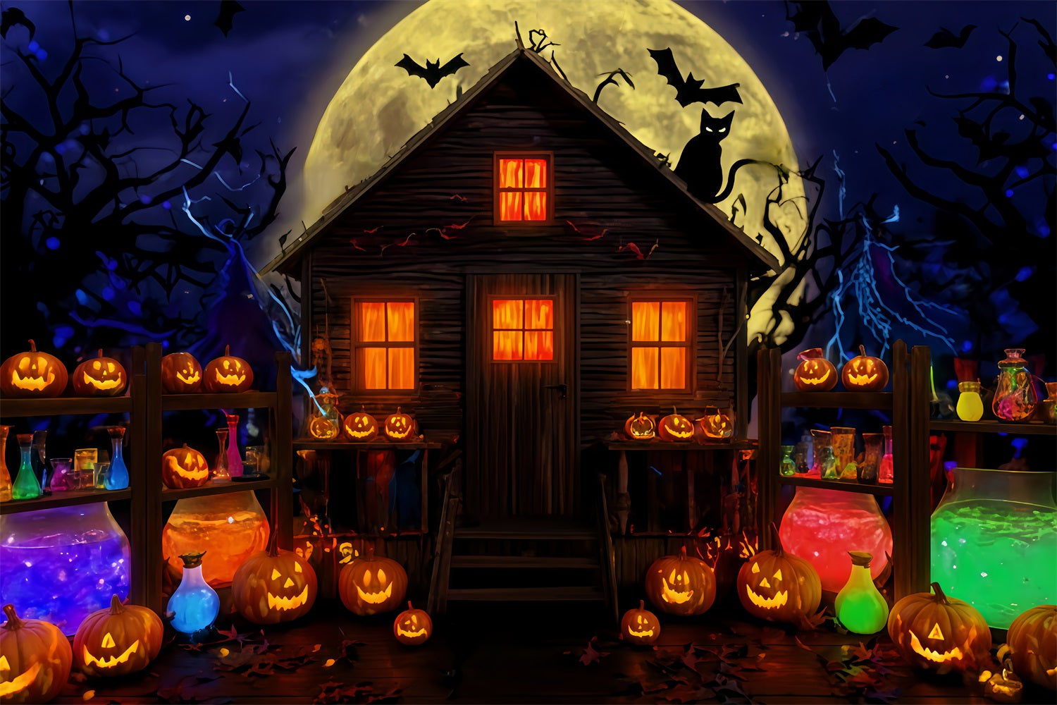 Spukhaus-Kulisse Zaubertrank-Hütte Mondlicht-Glühen Halloween-Fotokulissen TWW510-37