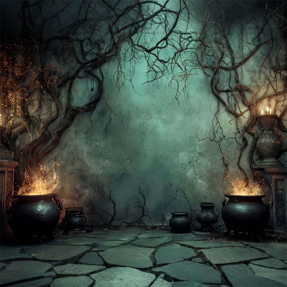Halloween-Hintergrund Hexenkessel Kerzenflammen Gruselige Halloween-Hintergründe TWW510-40