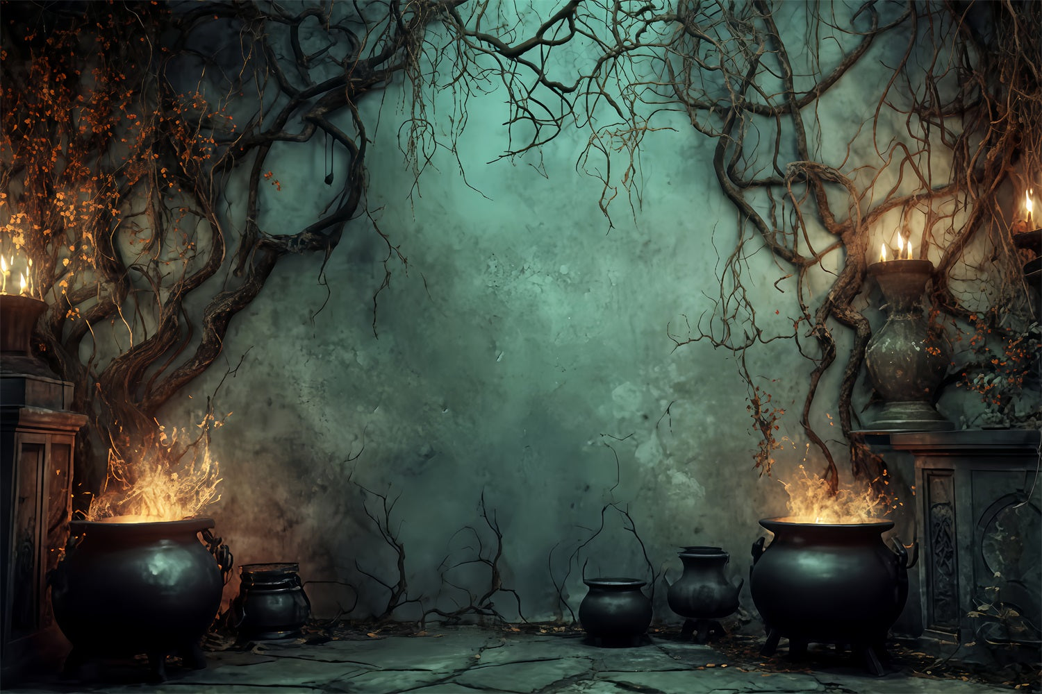Halloween-Hintergrund Hexenkessel Kerzenflammen Gruselige Halloween-Hintergründe TWW510-40