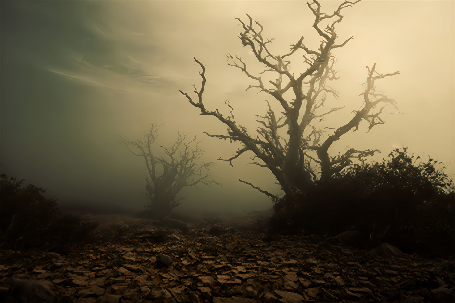 Spukwald-Hintergrund Nebliges Feld mit toten Bäumen Halloween-Hintergrund TWW510-41