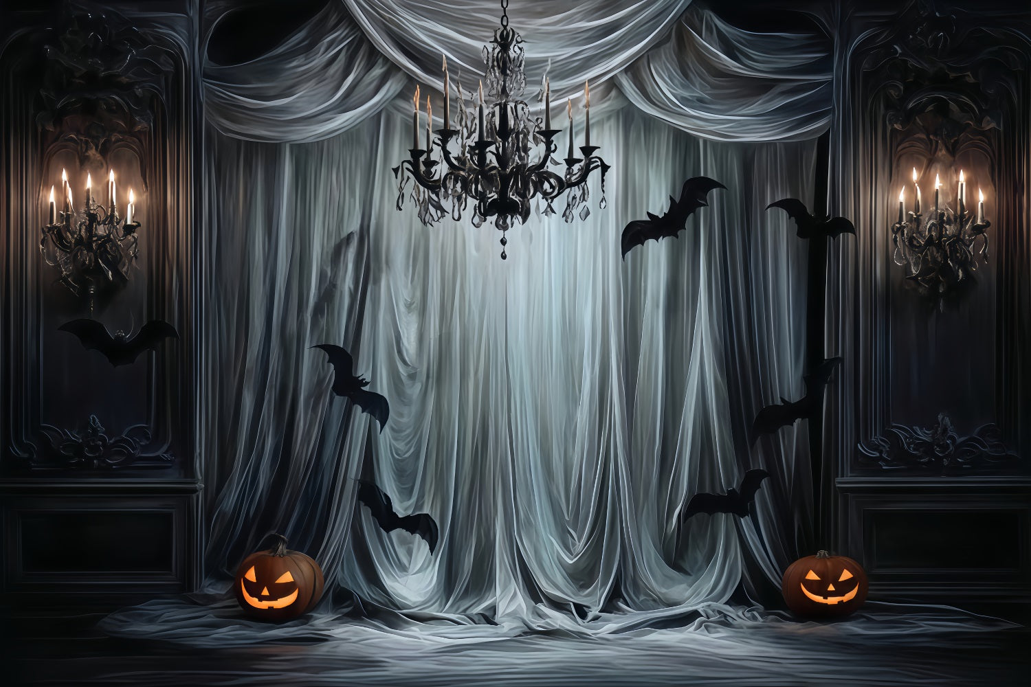 Halloween-Farbkulisse Gotische Vorhänge Fledermaus-Leuchten Halloween-Kulisse für Fotos TWW510-44