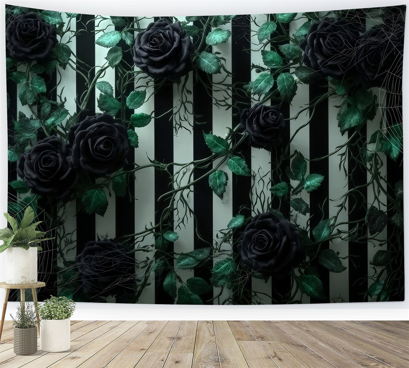 Halloween-Wandhintergrund Schwarze Rosen Gestreifte Wand Halloween-Hintergründe für Fotos TWW510-46