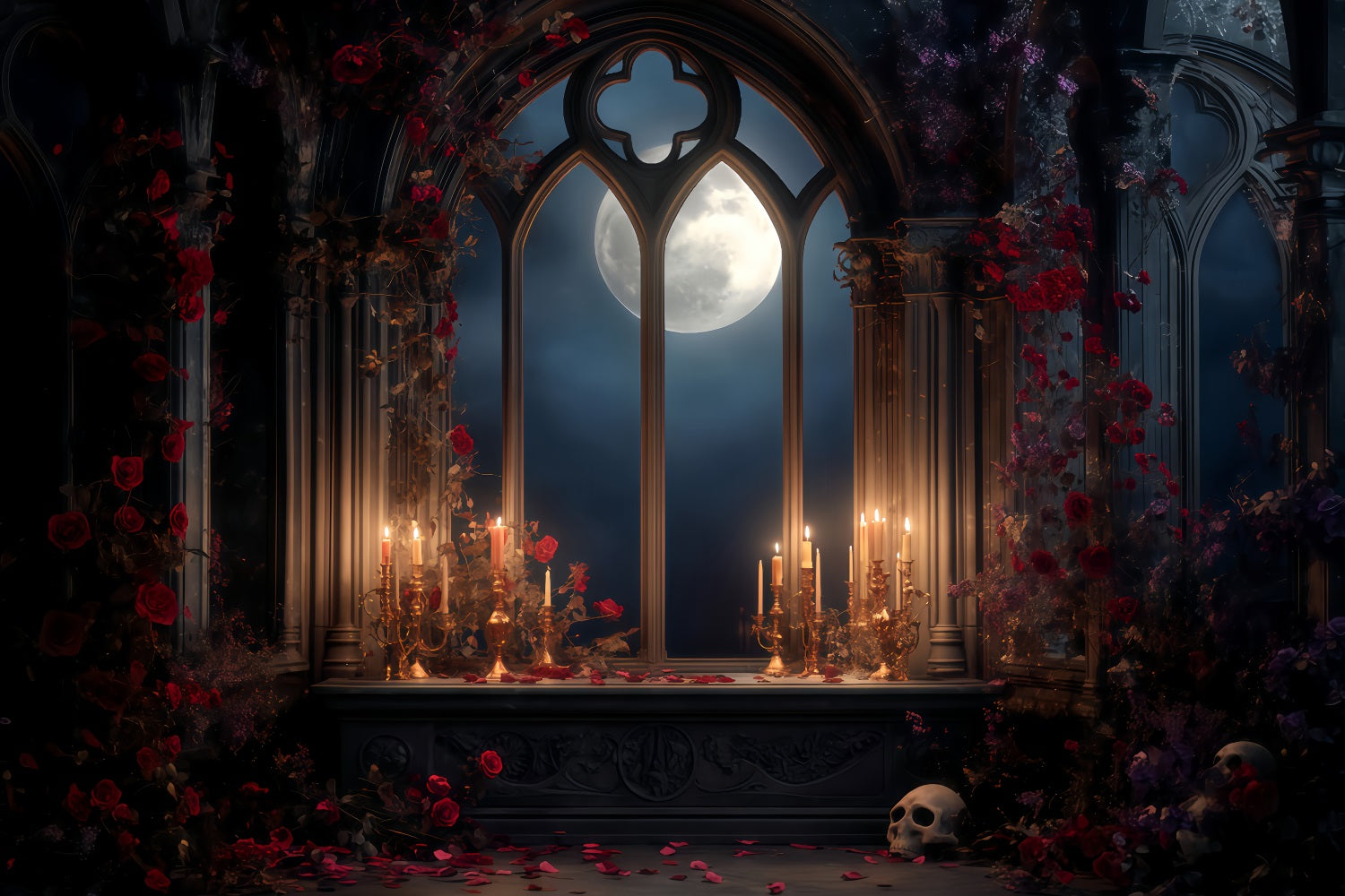 Gruselige Halloween-Hintergründe Mondbeschienener gotischer Kerzenaltar Halloween-Fotohintergründe TWW510-47