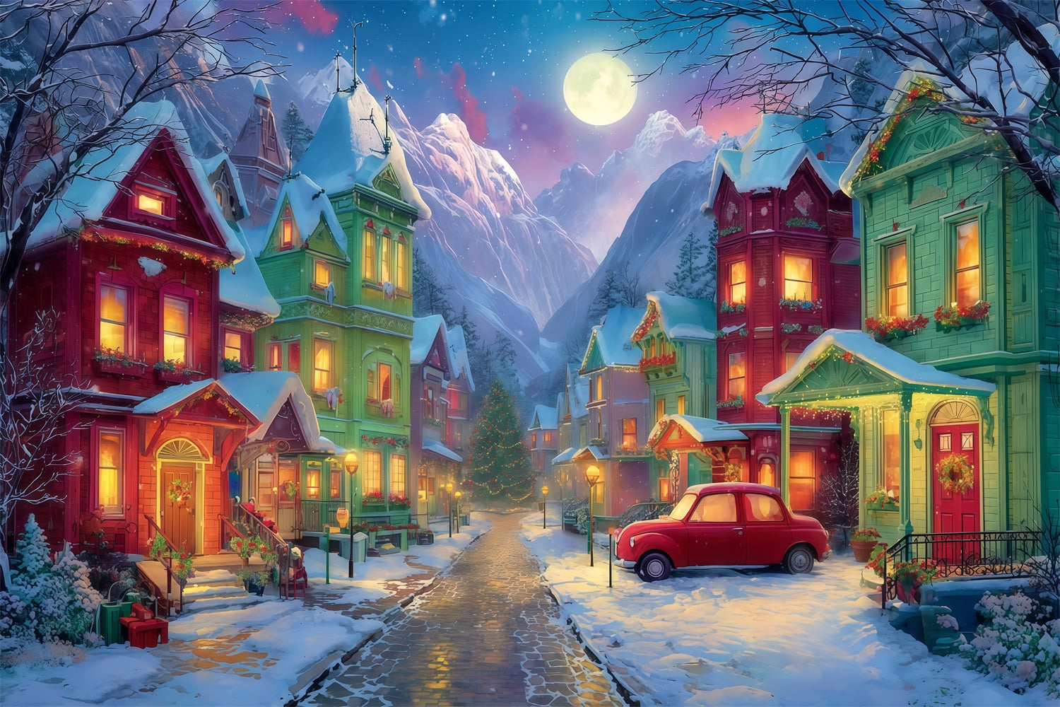 Grinch-Hintergrund Verschneites Dorf Weihnachtsnacht Weihnachtsfotografie-Hintergründe TWW510-50