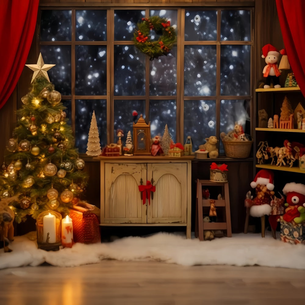 Weihnachtsmann-Werkstatt-Hintergrund Gemütliches Fenster Spielzeug-Ecke Weihnachts-Hintergrund-Ideen TWW510-61