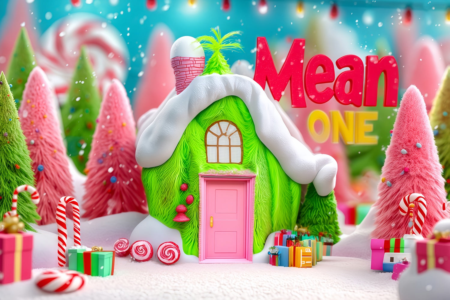 Grinch-Foto-Hintergrund Whoville Grünes Bonbon-Häuschen Weihnachts-Hintergründe TWW510-63