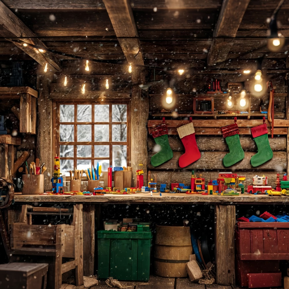 Hintergrund „Weihnachtsmann-Werkstatt“ Holzhütte Spielzeugbank Weihnachtshintergrund TWW510-64
