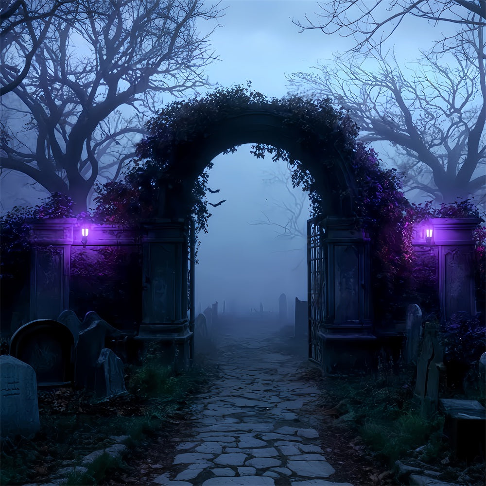 Halloween-Hintergrund Nebliger Friedhof Torbogen Eingang Halloween-Fotohintergründe TWW510-7