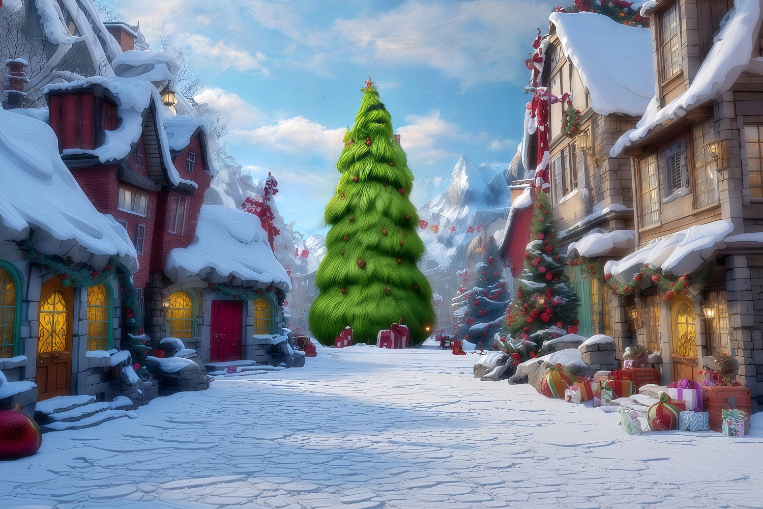 Grinch-Hintergründe Whoville Verschneite Dorfstraße Weihnachts-Hintergründe TWW510-73