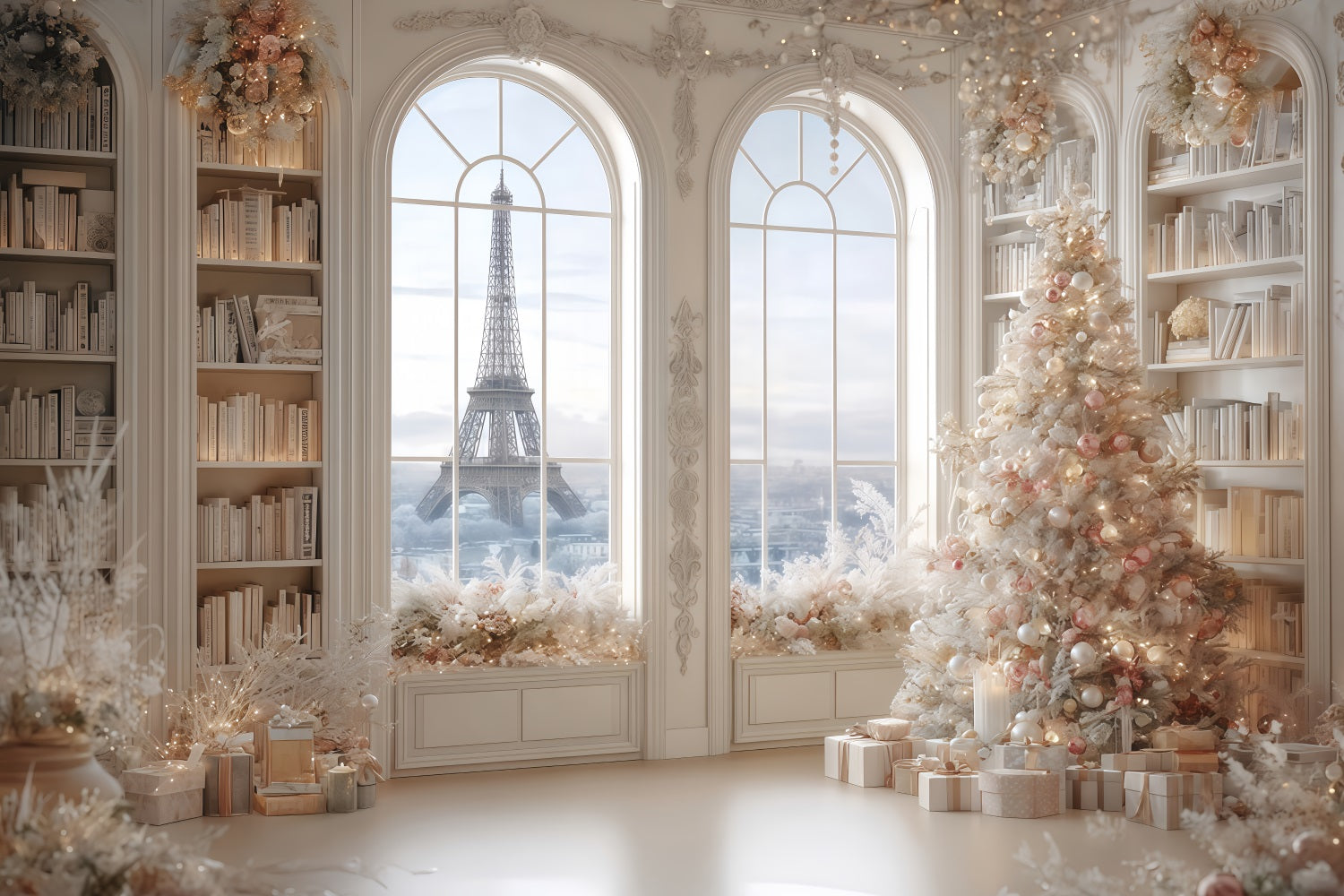 Weihnachtsbaum-Hintergrund Paris Winter Elegante Bibliothek Weihnachtshintergründe TWW510-79